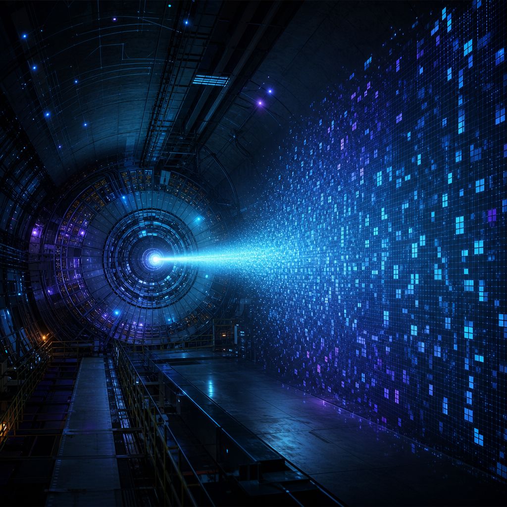 Túnel subterráneo de un detector de física de partículas cuya pared se disuelve en una cuadrícula de píxeles de luz bidimensionales, simbolizando la hipótesis holográfica