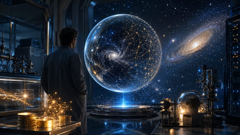 Scientist studying a holographic model of the universe, with gold coins symbolizing research funding